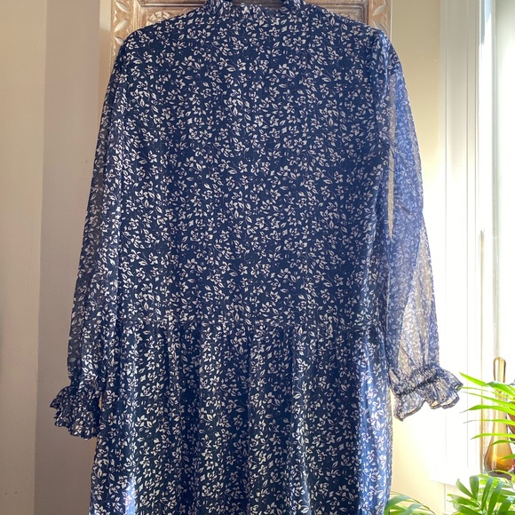 Mango Casual Navy Blue with White and Purple Florals Long Sleeve Ruffled Dress - Picture 6 of 7